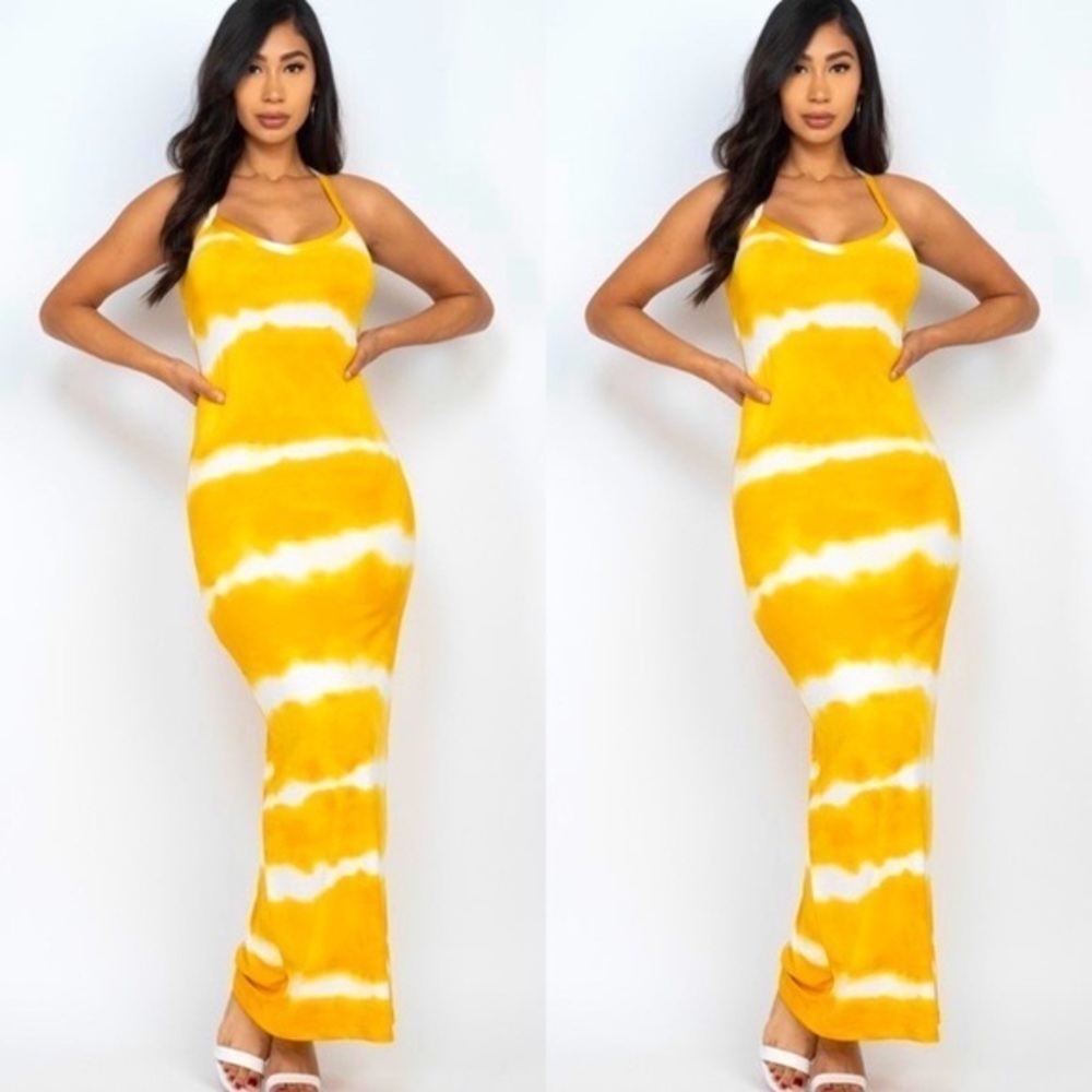 NEW ARRIVAL WOMEN MUSTARD YELLOW STRIPE TIE DYE RACERBACK TANK TOP MAXI DRESS